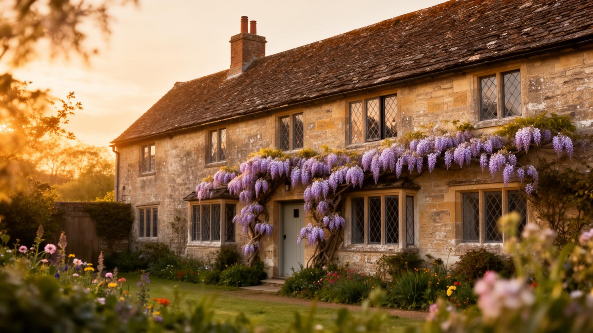 A traditional Kent stone cottage clad in flowering wisteria at golden hour